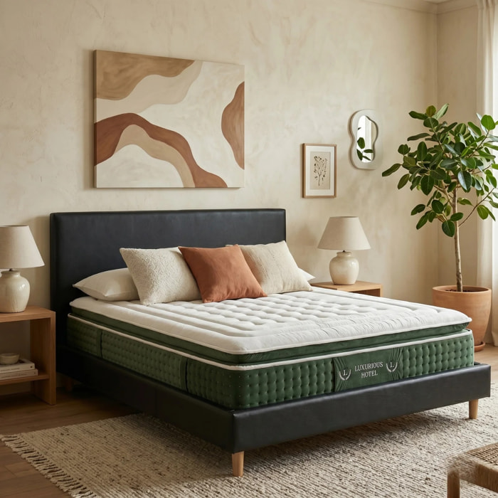 Ensemble matelas Jade & lit fixe Colisée | Mémoire de forme et ressorts ensachés | cadre à lattes | Simili cuir | Noir