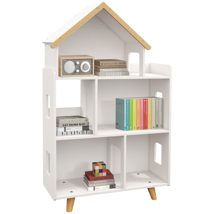 Bibliothèque étagère scandinave design maison 5 niches étagère pieds effilés bois pin MDF blanc