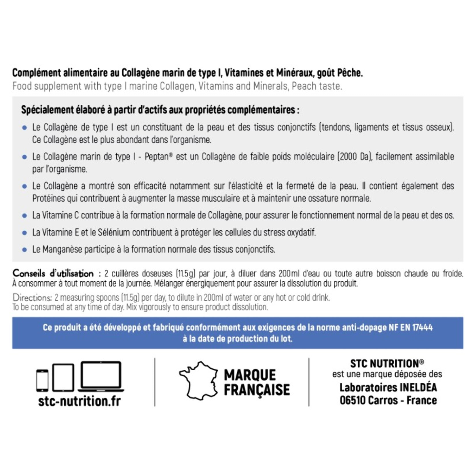 STC NUTRITION - Collagen Duo - Favorise la Santé de la Peau, des Os et des Articulations - Collagène Marin Type I + Vitamines C & E + Sélénium + Manganèse - Arôme naturel de pêche - 20 doses