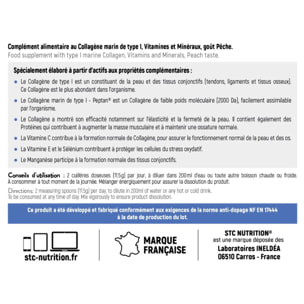 STC NUTRITION - Collagen Duo - Favorise la Santé de la Peau, des Os et des Articulations - Collagène Marin Type I + Vitamines C & E + Sélénium + Manganèse - Arôme naturel de pêche - 20 doses