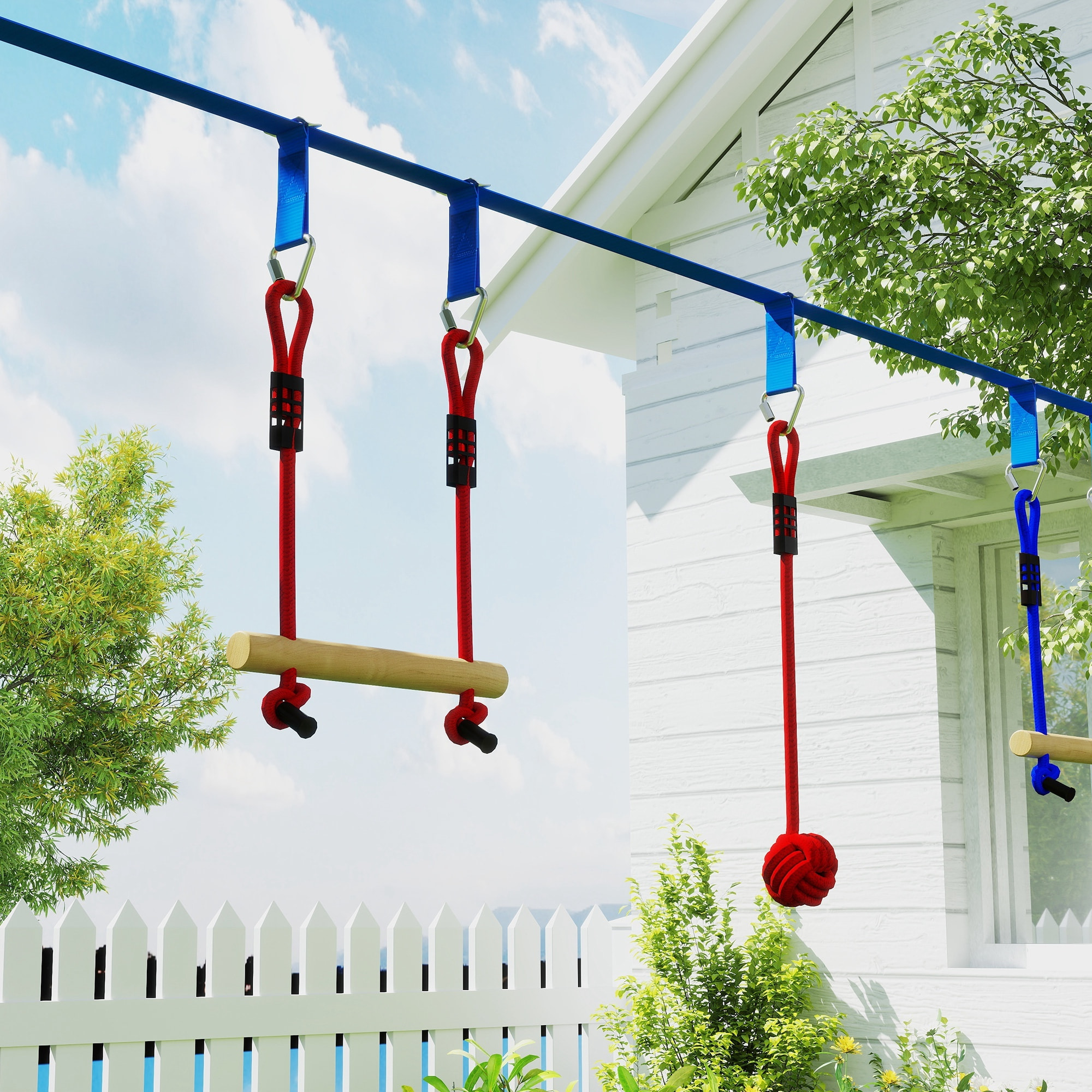Parcours d'obstacles ninja enfant 10m 10 accessoires max. 50Kg - slackline, sac transport - rouge bleu