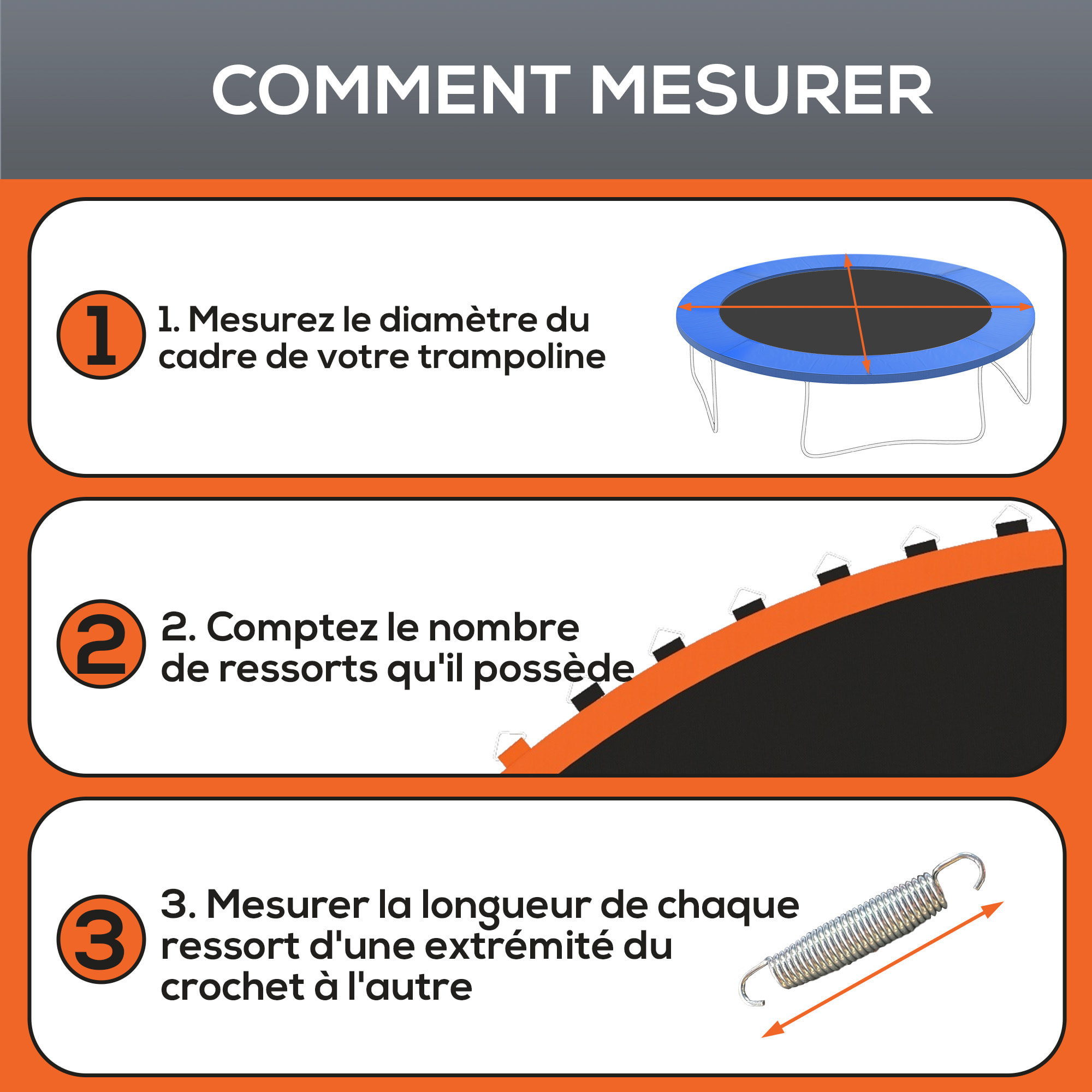 Tapis de rechange trampoline Ø 3,7 m ressorts 14 cm outil 72 crochets en V inclus orange noir
