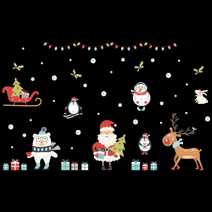 Sticker Noël le père noël et les animaux sous la neige de noël - Autocollants stickers adhésifs noël - décoration fêtes