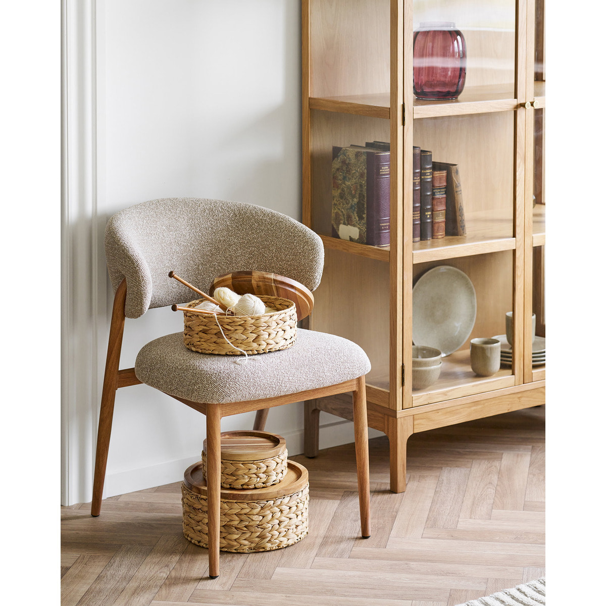 Set 3 ceste Botofte in giacinto d'acqua naturale con coperchio in legno — ø20, ø26 e ø30 cm