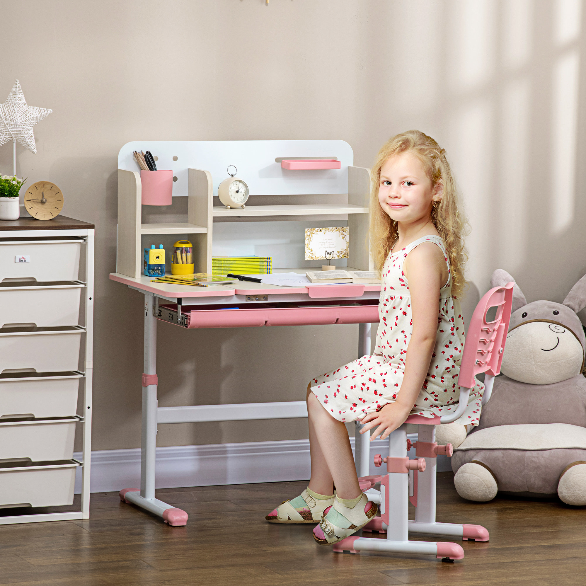 Juego de Escritorio y Silla para Niños de +3 Años con Altura Ajustable Pupitre Infantil con Tablero de Mesa Inclinable Cajón y Estantería para libros 80x52x88-109 cm y 35,5x44,5x66-80 cm Rosa