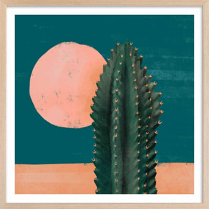 Affiche illustration cactus et soleil rose Affiche + cadre en bois - Chêne