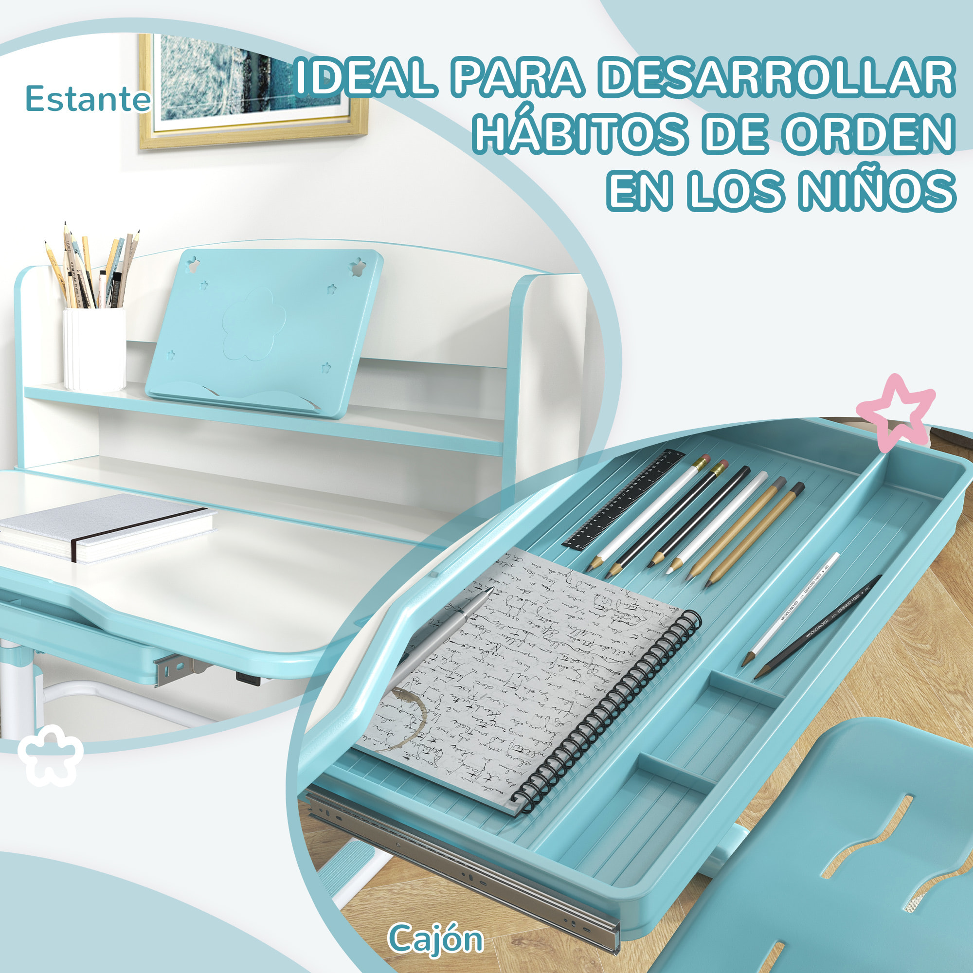 Conjunto para Niños Incluye 1 Juego de Escritorio y Silla para Niños Altura Ajustable y 1 Estantería Infantil con 8 Compartimentos Abiertos Azul y Blanco