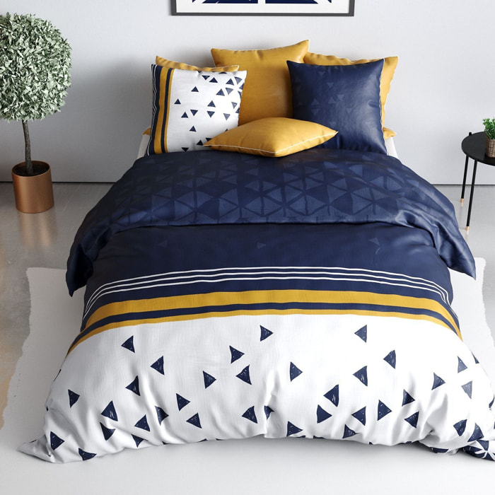 Parure housse de couette coton bleu fonce, bleu marine