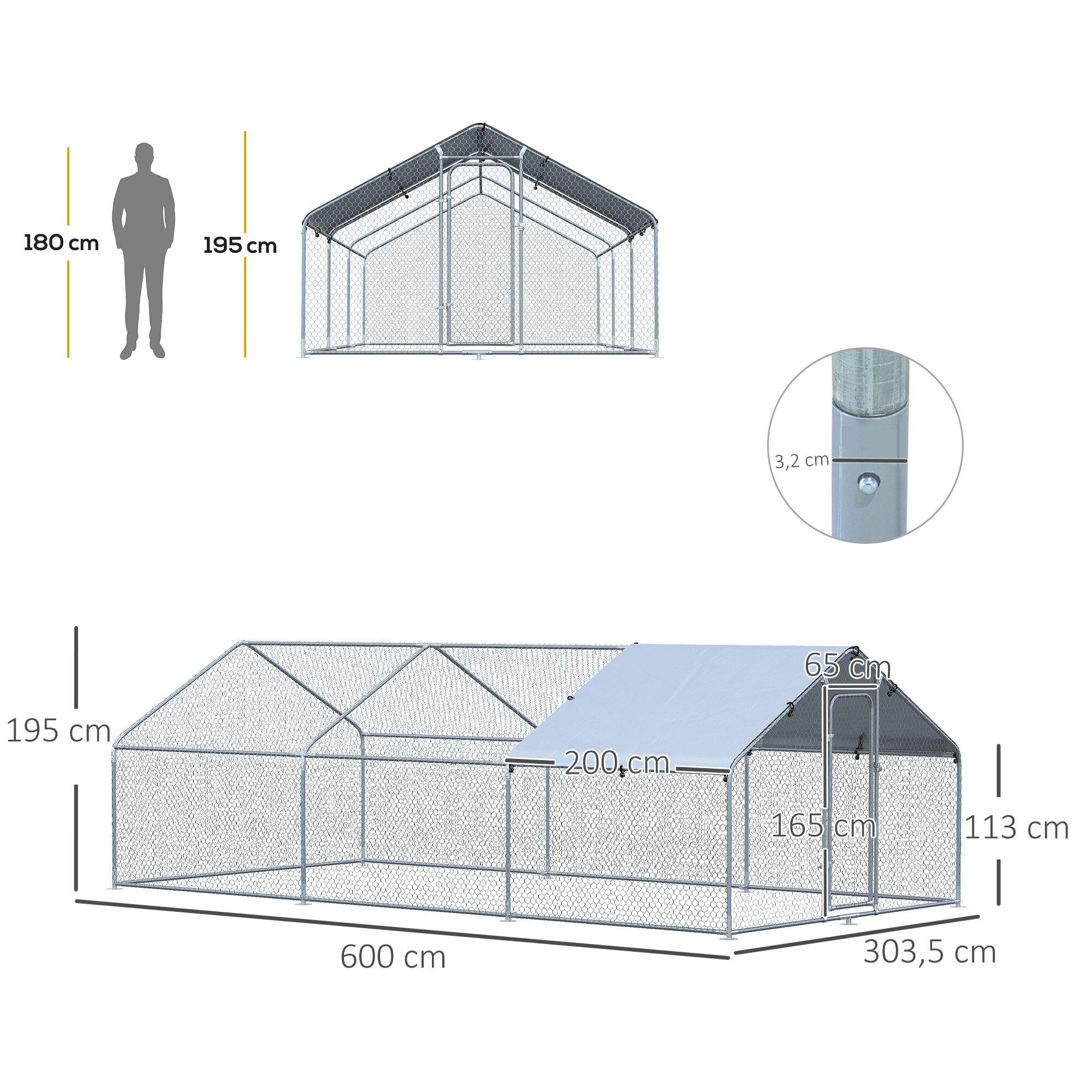 Gallinero Exterior Grande de Metal Galvanizado 3,03x6x1,95 m Jaula de Aves de 3 Habitaciones Cubierta de Tela Oxford Resistente a los Rayos UV y al Agua para Patio Plata