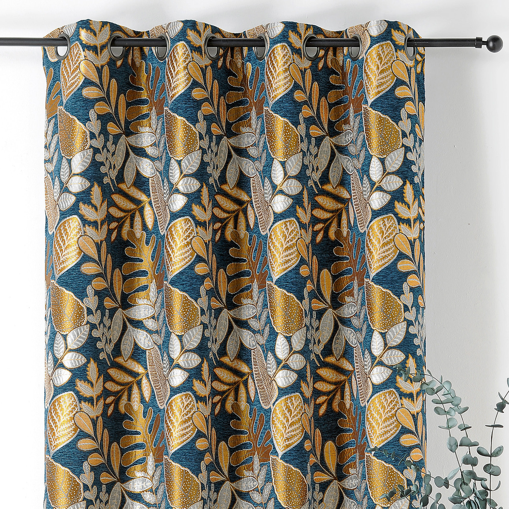 Rideau à Oeillets Motif Végétal Vintage - Jaune