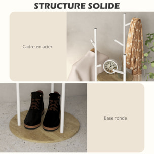 Porte-manteau design contemporain branches 2 étagères 9 patères Ø 40 x 167H cm aspect chêne clair acier blanc