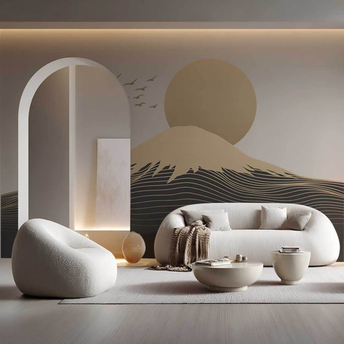 Papier peint paysage graphique montagne soleil minimaliste Intissé