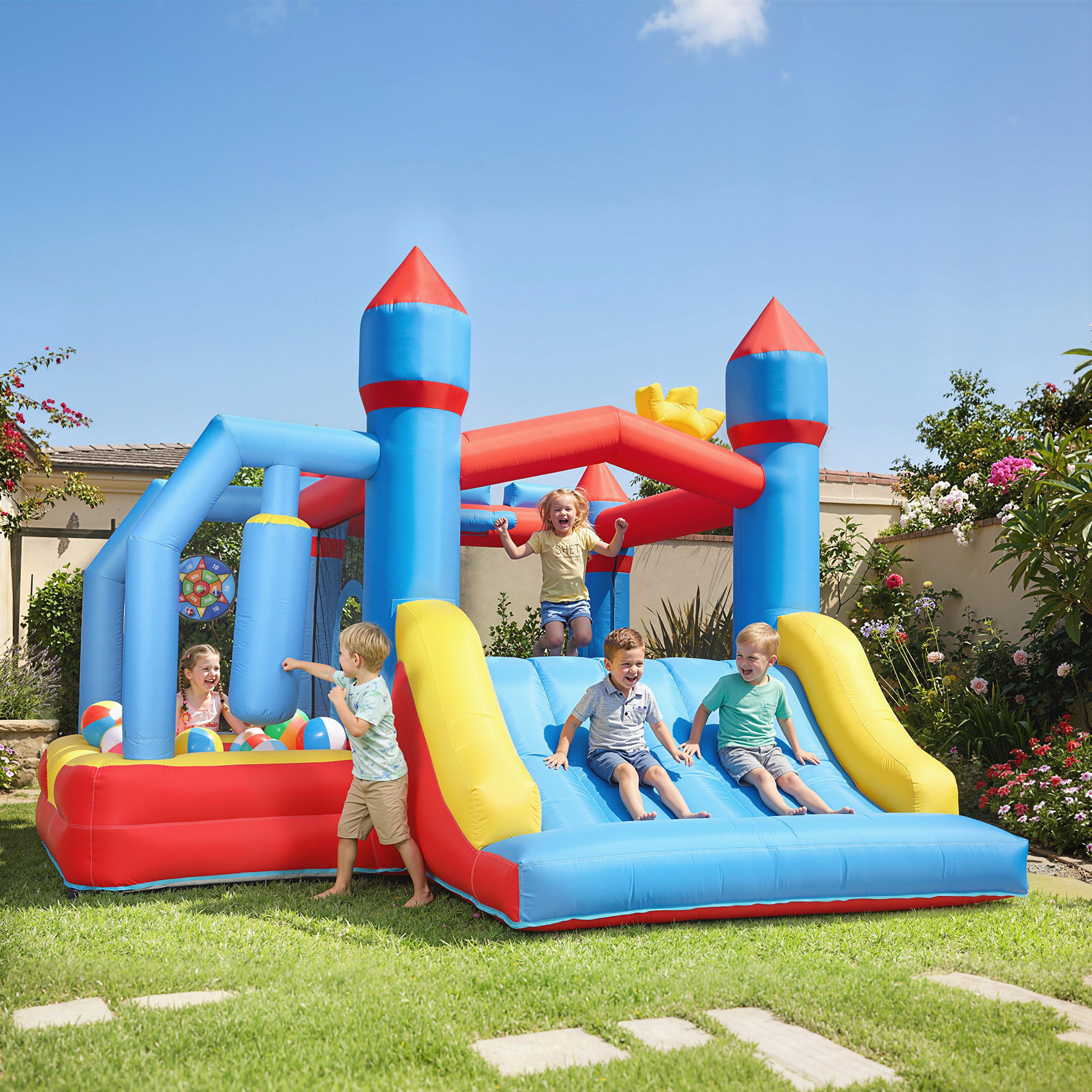 Castillo Hinchable para Niños con Soplador, Castillo Hinchable con Tobogán, Trampolín, Piscina, Pilar de Boxeo y Aro de Baloncesto, para Niños 3-8 Años, Interior y Exterior, 277x270x215 cm