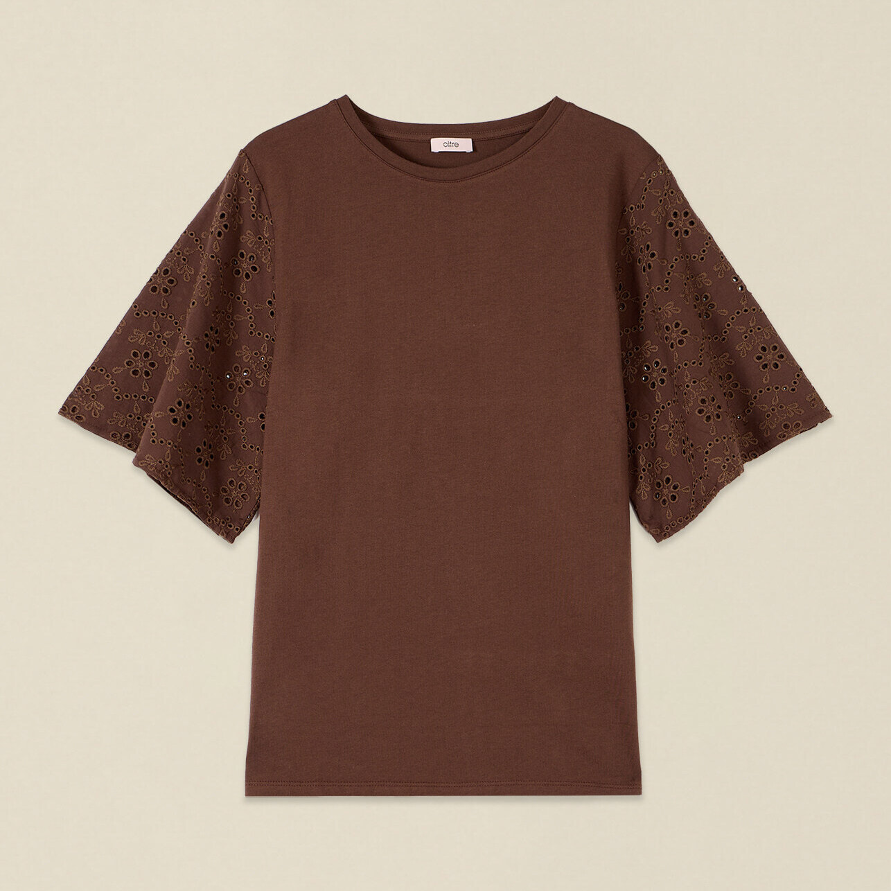 Oltre - T-shirt con maniche in sangallo - Marrone