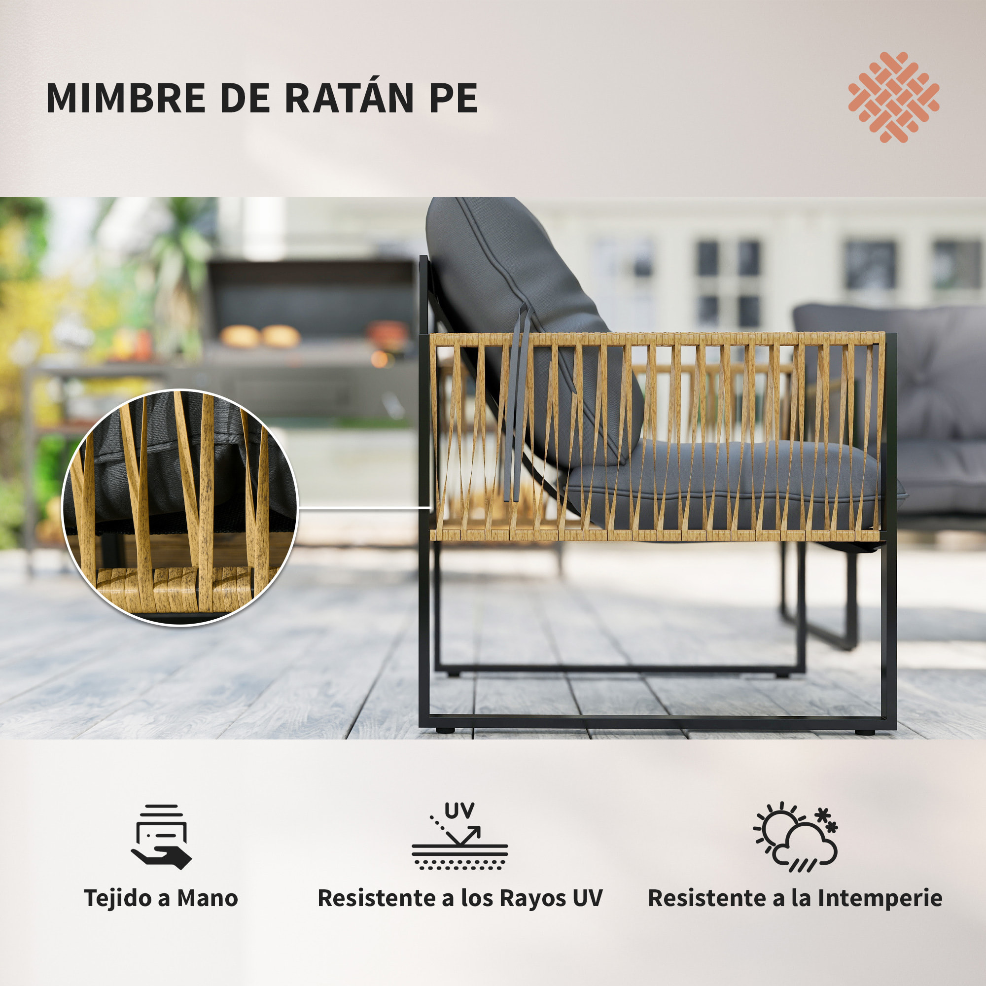 Conjunto Jardín Exterior de Ratán, Muebles Jardín Exterior para 4 Piezas, Muebles Terraza con 1 Sofá de 2 Plazas, 2 Sillones, Cojines y 1 Mesa de Tablero de Vidrio, para Patio, Gris y Marrón