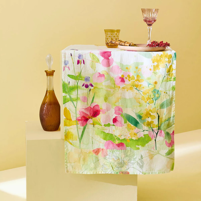 Chemin de table lin & coton lavé 150 g/m² imprimé rose jaune vert Souffle fleuri printemps