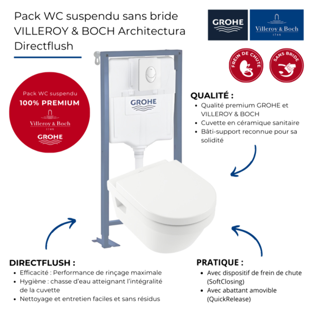 Pack WC suspendu sans bride Architectura Directflush+ abattant frein de chute + bâti-support GROHE Solido + plaque blanche