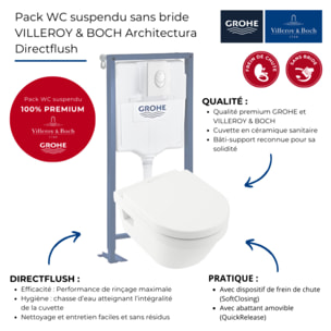 Pack WC suspendu sans bride Architectura Directflush+ abattant frein de chute + bâti-support GROHE Solido + plaque blanche