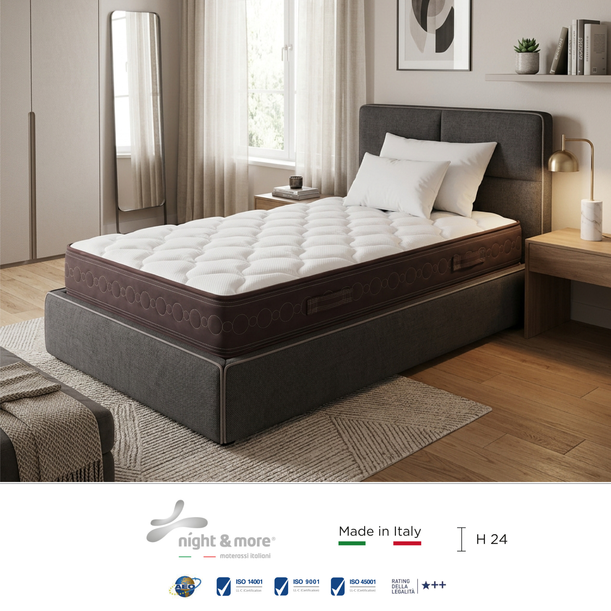 "Mabel" H24 cm 80x200 guanciale Memory OMAGGIO, a molle insacchettate indipendenti ,7 zone a portanza differenziata arrotolato