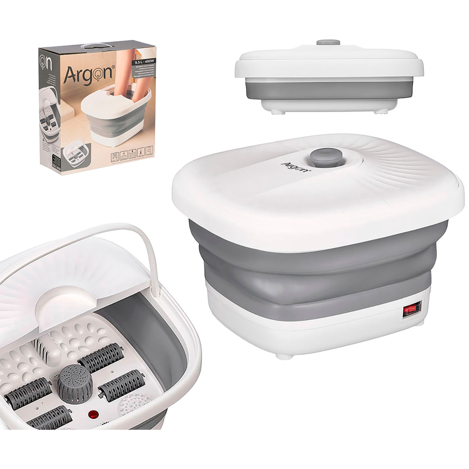 Massaggiatore per piedi pieghevole con 4 rulli in silicone. Capacità di 9,5L e potenza di 400W.