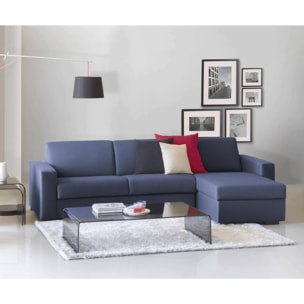 Divano Letto Alicya, Divano ad angolo, 100% Made in Italy, Sofà con apertura girevole, con Penisola contenitore reversibile, con Braccioli standard, Cm 280x95h90, Blu