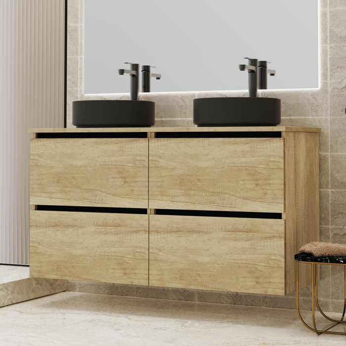 Conjunto de Baño Gloom | Mueble de Baño Suspendido | 140 cm Nature| Cuatro Cajones | Lavabo sobre Encimera | Mueble Montado | Alday
