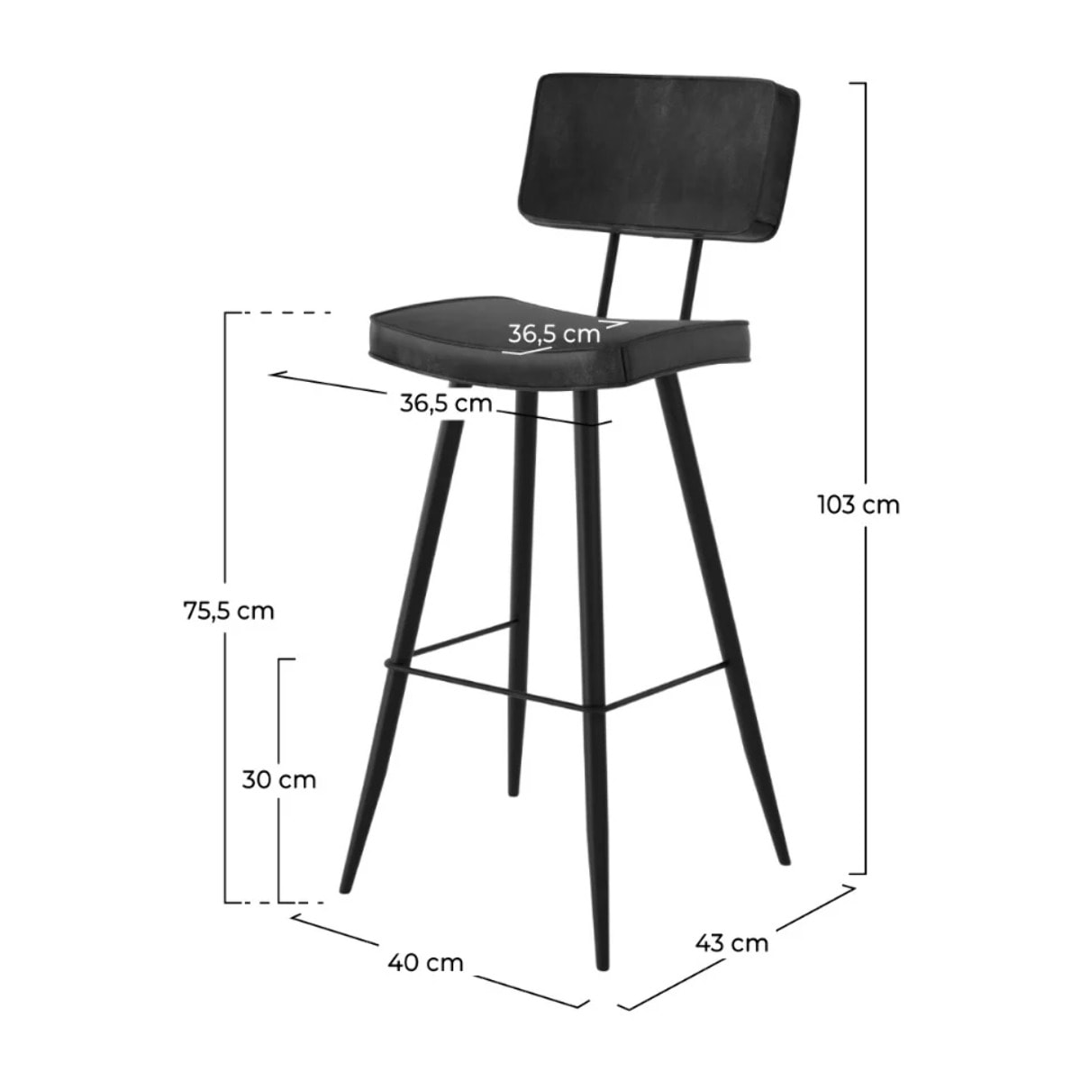 Lot de 2 chaises de bar grises/noires en cuir synthétique 75.5 cm - Texas