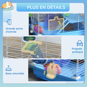 Cage à hamster rongeur 2 niveaux avec tunnel, biberon eau, roue, maisonnette, échelles - dim. 46L x 30l x 37H cm - métal blanc PP bleu