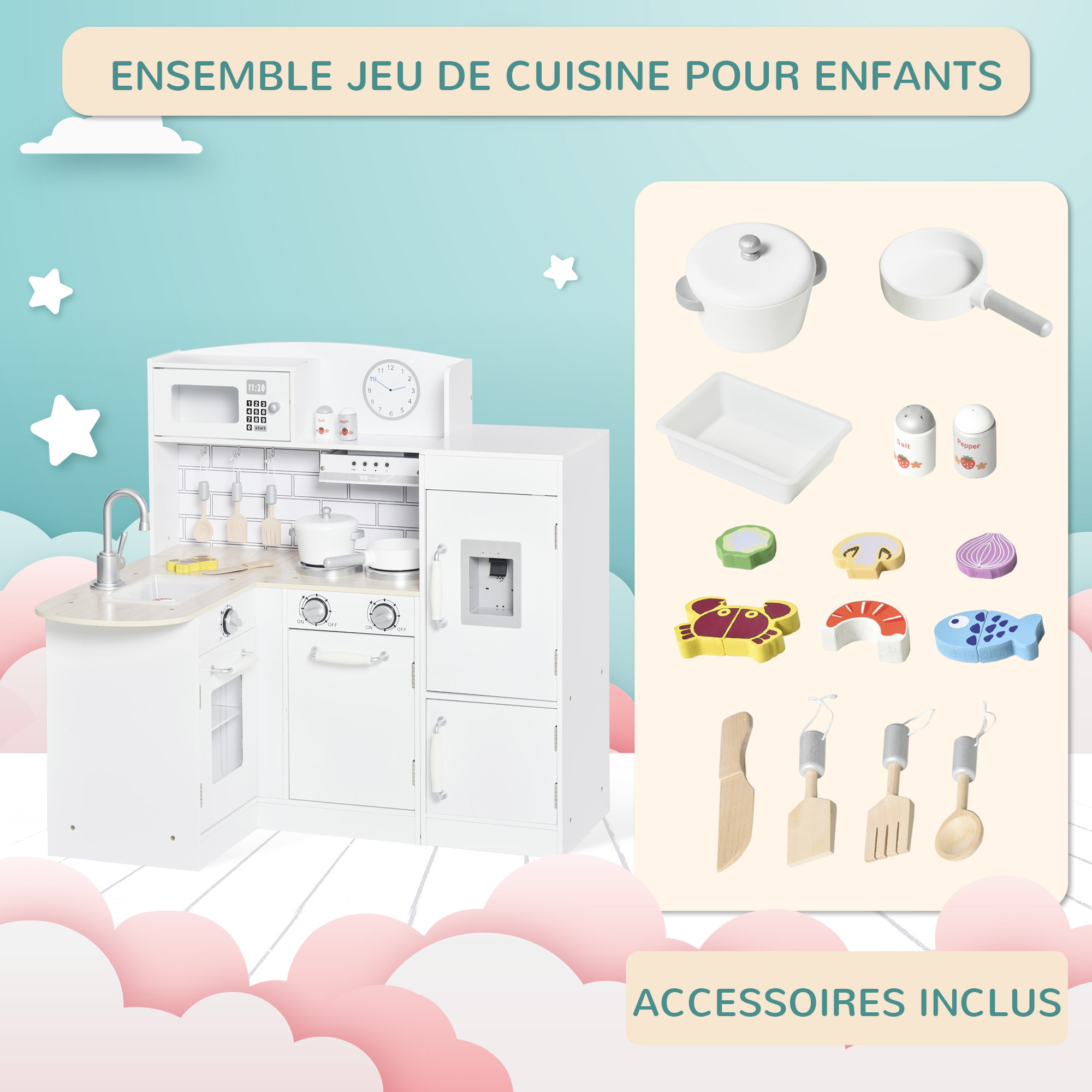 Cuisine bois jeu d'imitation - cuisine enfant - nombreux accessoires & rangements inclus - MDF pin blanc