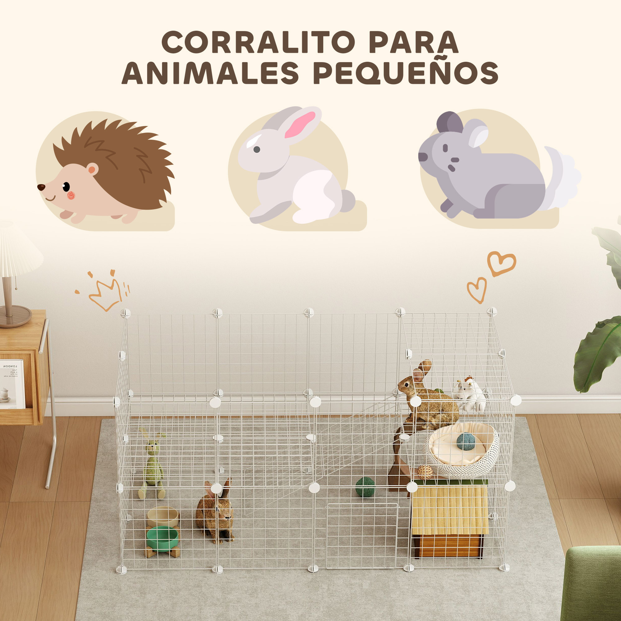 Valla Metálica para Mascotas de 36 Paneles, Jaula para Animales Pequeños, Forma Personalizable, Jaula para Conejos, Cobayas, Chinchillas, Gatitos, 146x73x73 cm, Blanco
