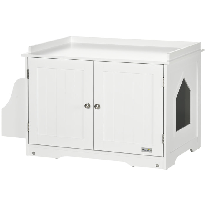 Maison de toilette pour chat table d'appoint 2 en 1 - 2 portes, cloison amovible, rangement latéral - blanc