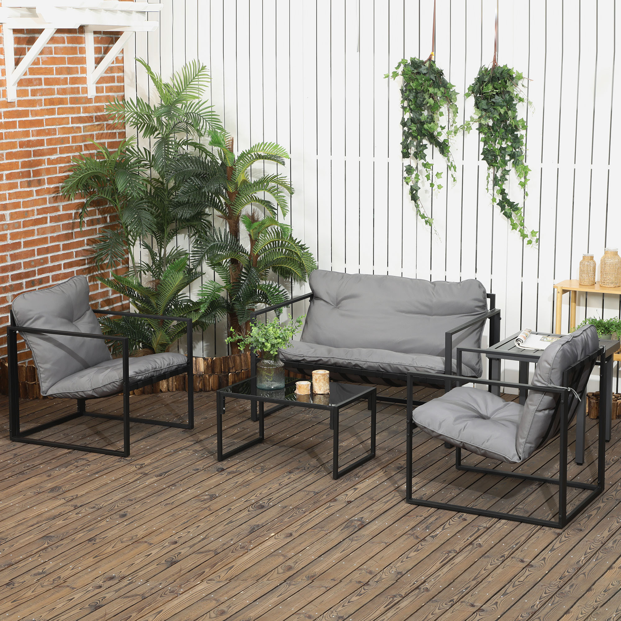 Salon de jardin 4 personnes - 4 pièces, 3 coussins - acier époxy noir polyester gris