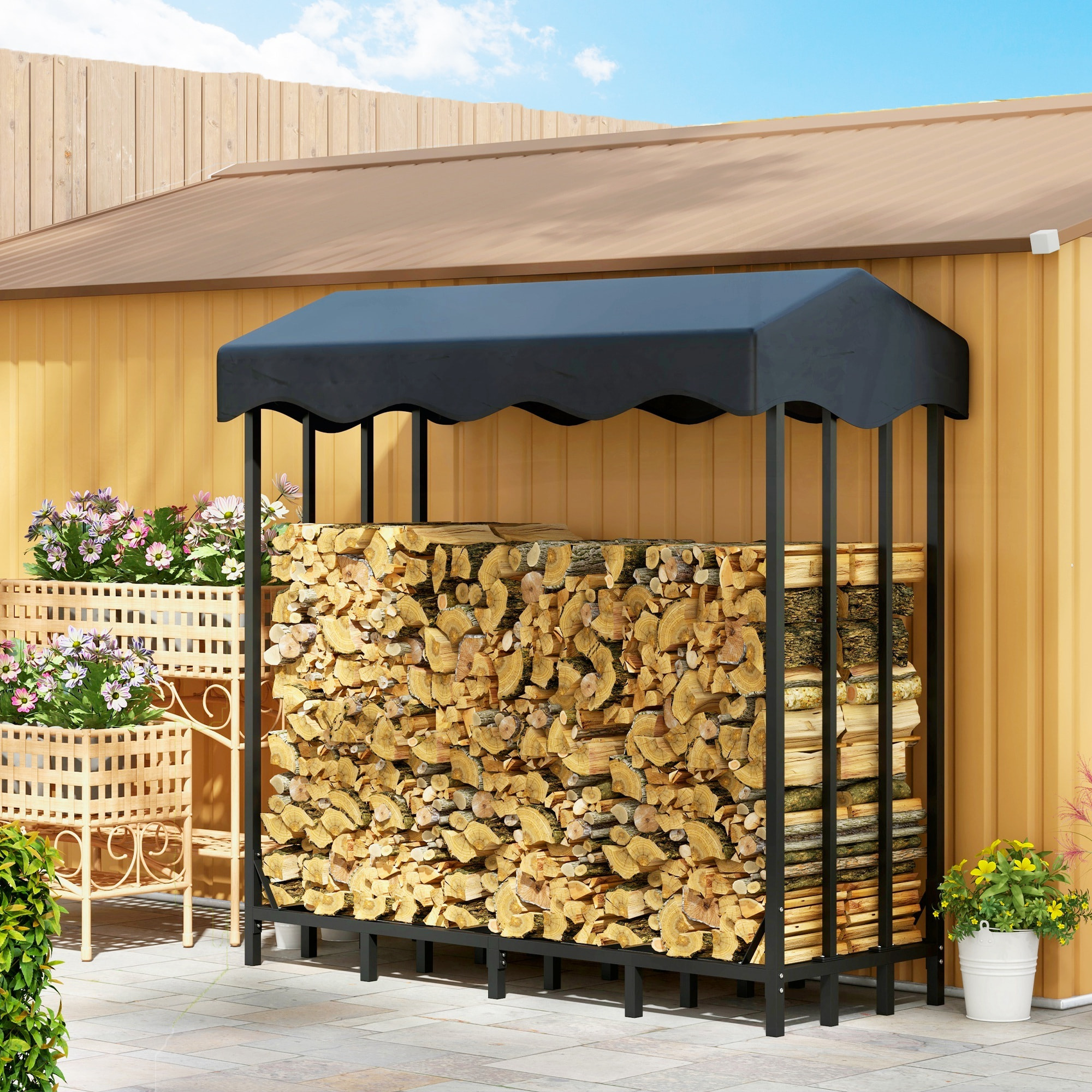 Soporte para Leña con Cubierta Estante de Leña Leñero de Metal con Estructura Reforzada Carga 1200 kg para Interior y Exterior 143x70x145 cm Negro