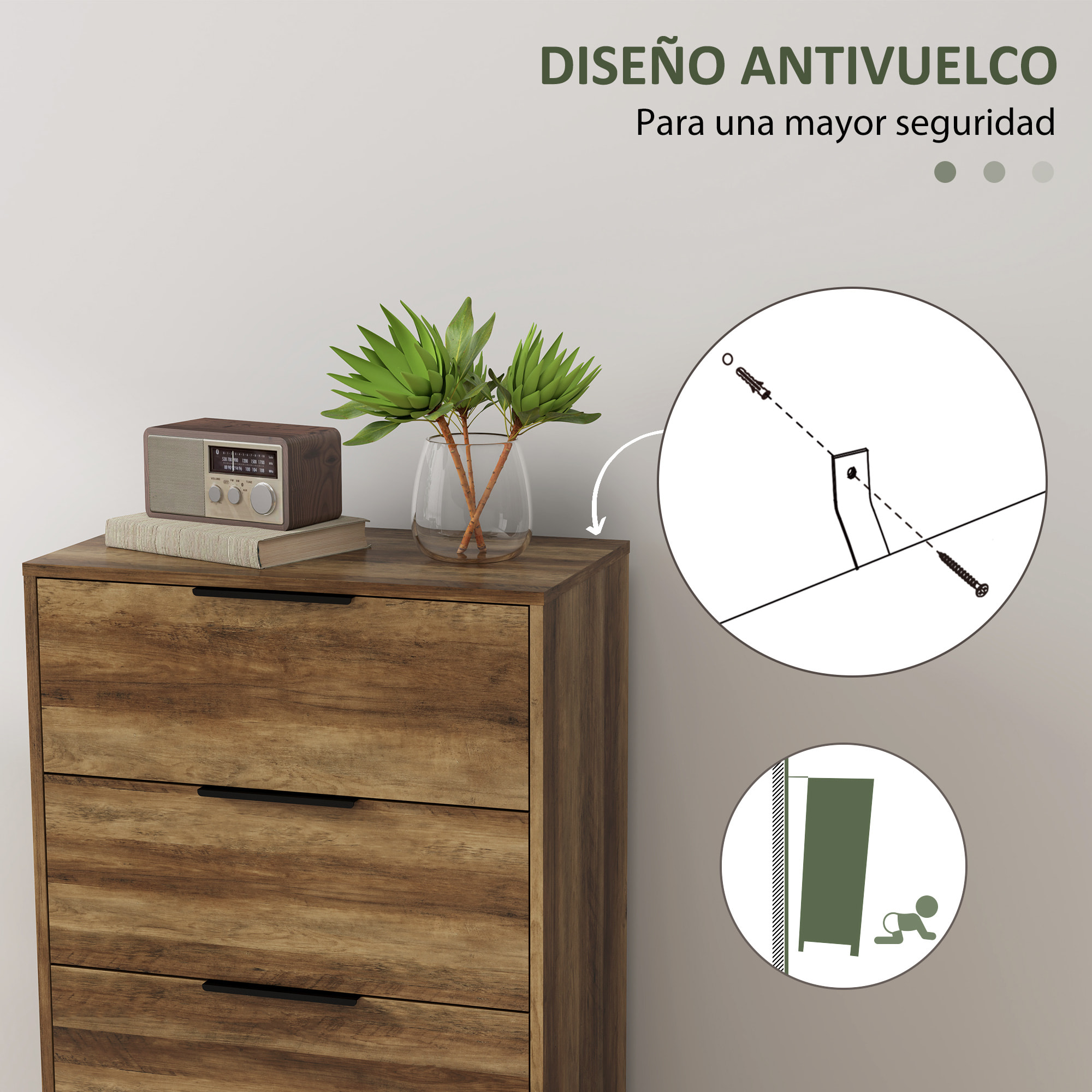 Cómoda de 4 Cajones Cómoda para Dormitorio Alta con Tiradores Metálicos Cajonera Estrecha para Salón Pasillo 62x35x105 cm Natural
