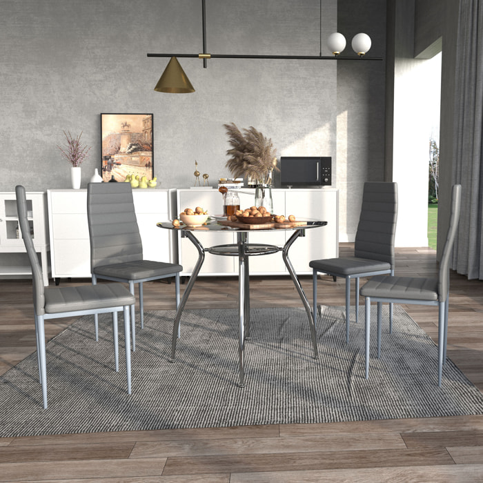 Juego de Mesa de Comedor y 4 Sillas Conjunto de Muebles de 5 Piezas Mesa Redonda de Vidrio Templado Ø90x75 cm y 4 Sillas con Patas de Acero Carga 120 kg 42x52x96 cm Gris