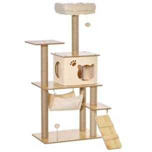 Árbol Rascador para Gatos Torre de Escalada con Plataformas Hamaca Escalera Cueva Postes para Rascar de Yute Bola Colgante Juego y Descanso 60x40x130 cm Beige