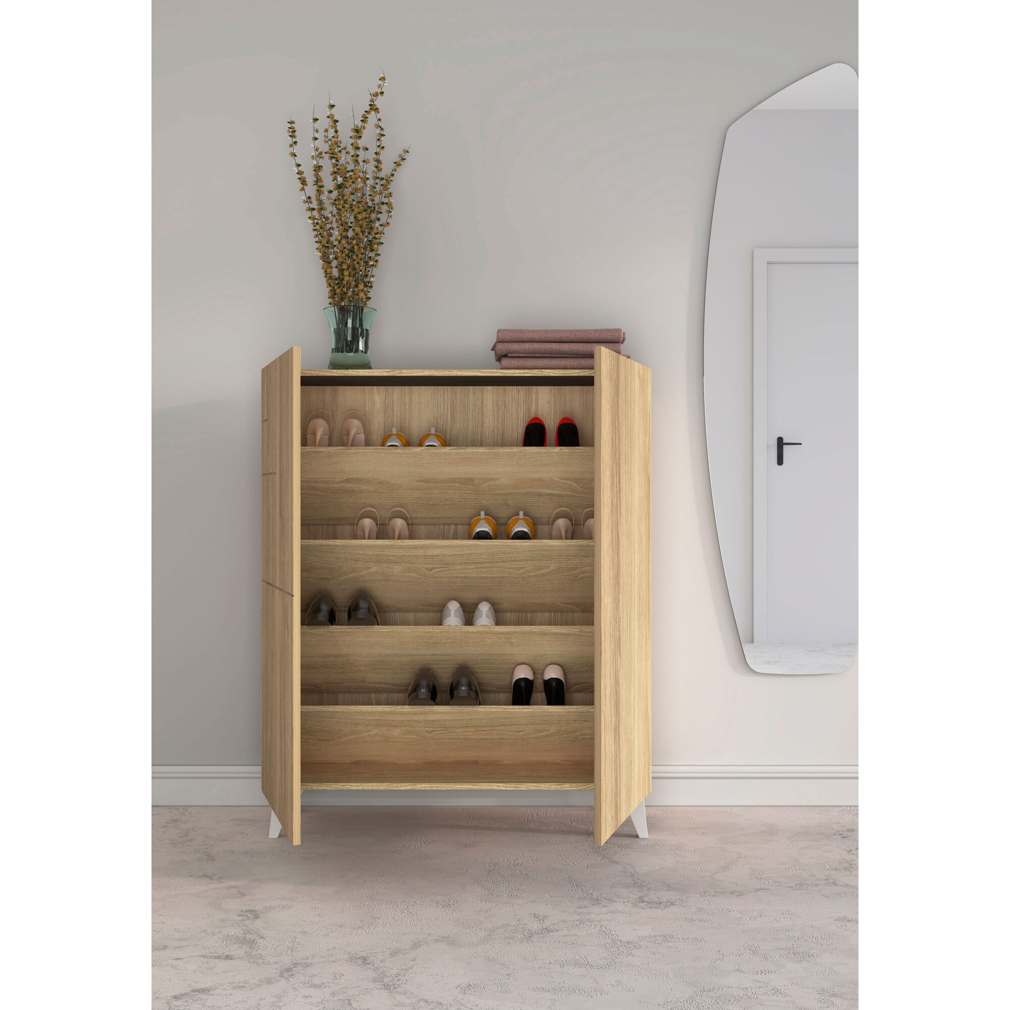 Zapatero Malmo melamina roble dorado patas blanco 109x90x27 cm