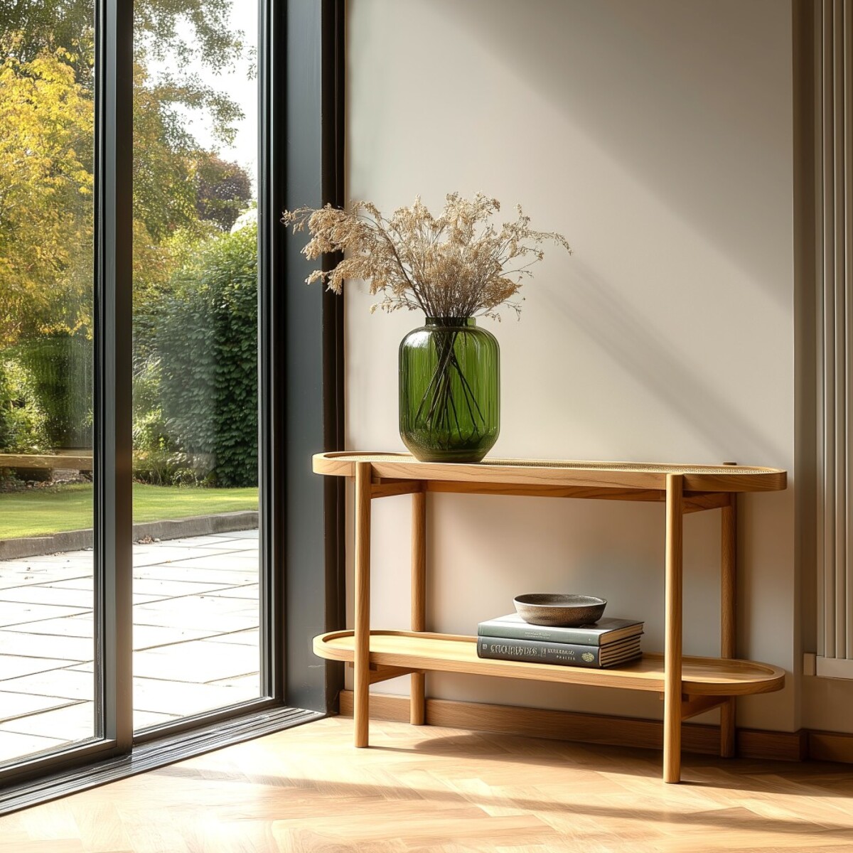 AMY - Console en mindi avec tablette supérieure en rotin naturel AMY