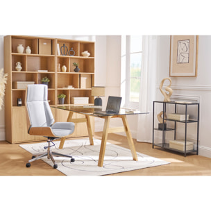 Fauteuil de bureau de direction design en tissu effet velours texturé beige, bois foncé et acier chromé CURVED