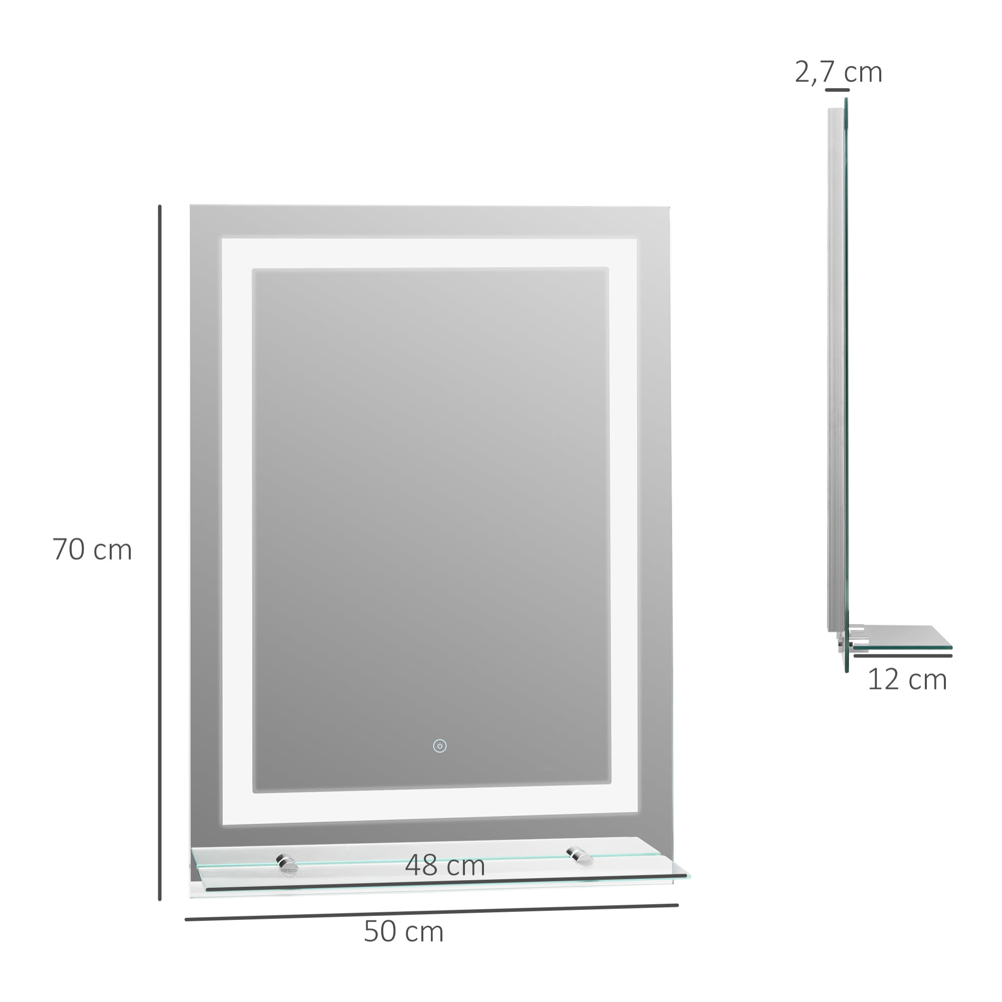 Espejo de Baño con Luces LED 70x50 cm Espejo para Baño con Marco de Aluminio Interruptor Táctil y Estante de Vidrio para Salón Entrada Plata