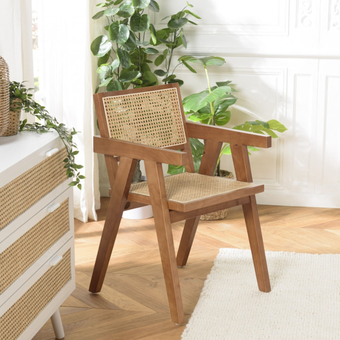 ALBANE- Fauteuil en bois d'Hévéa foncé dossier et assise rotin naturel