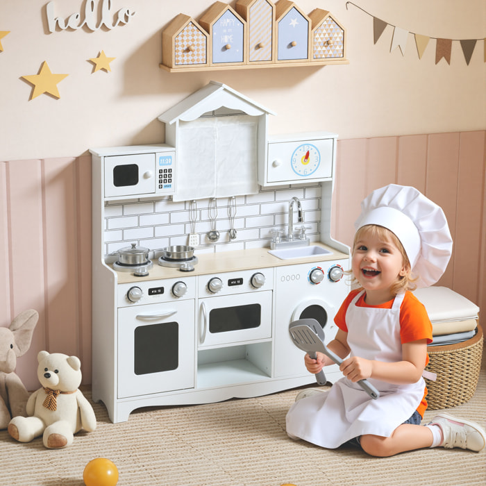 Cocina de Juguete de Madera con Sonido y Cortinas, Cocinita Infantil con Accesorios de Acero Inoxidable, Lavadora, Microondas, Fregadero, Juguetes para Niños a Partir de 3 Años, Blanco