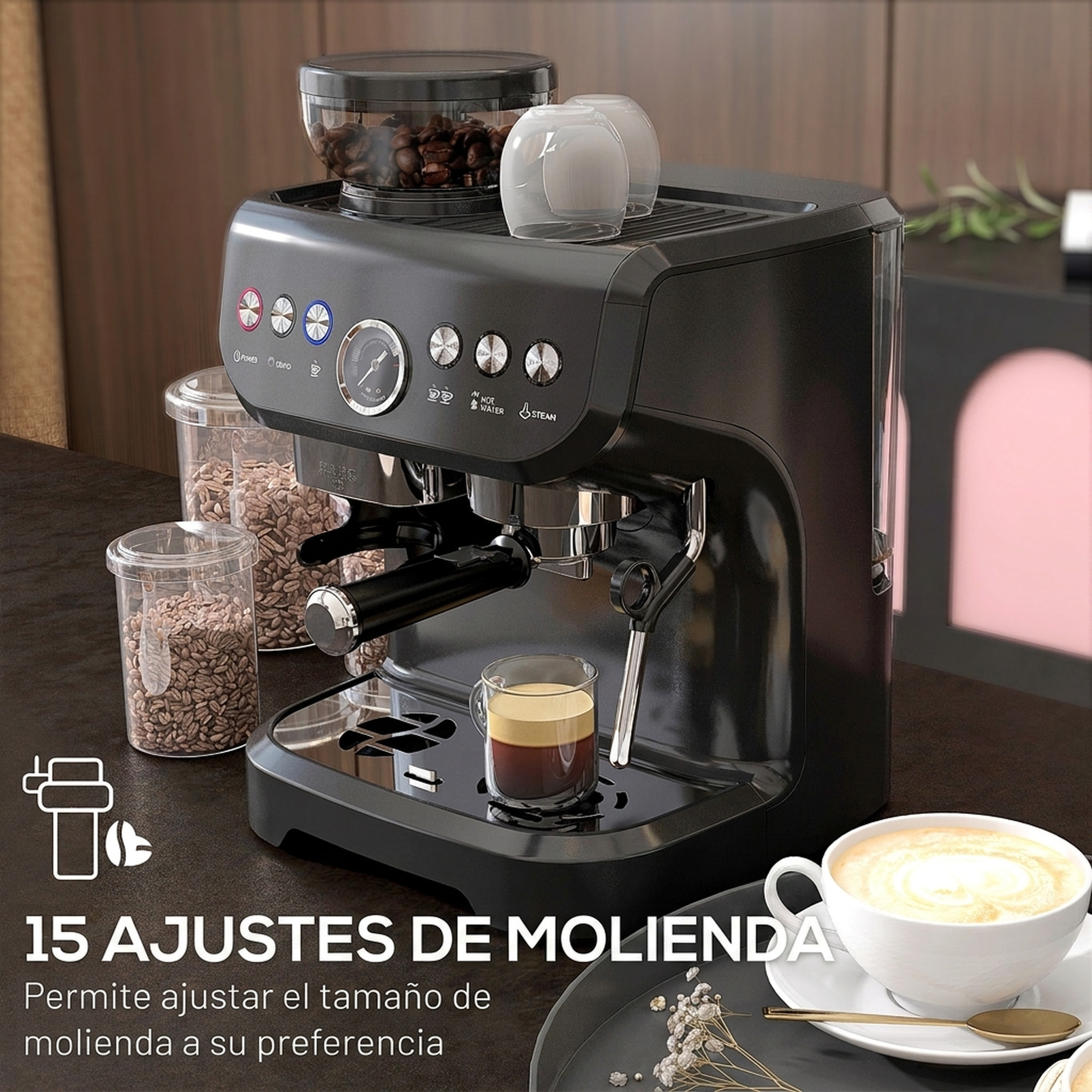 HOMCOM Cafetera Espresso 15 Bares 1600W con Molinillo de 15 Niveles, Vaporizador de Leche, Depósito Agua 2L y Grano 150g, 1 o 2 Tazas, Calientatazas, para Capuchino y Latte, Acero Inoxidable, Negro