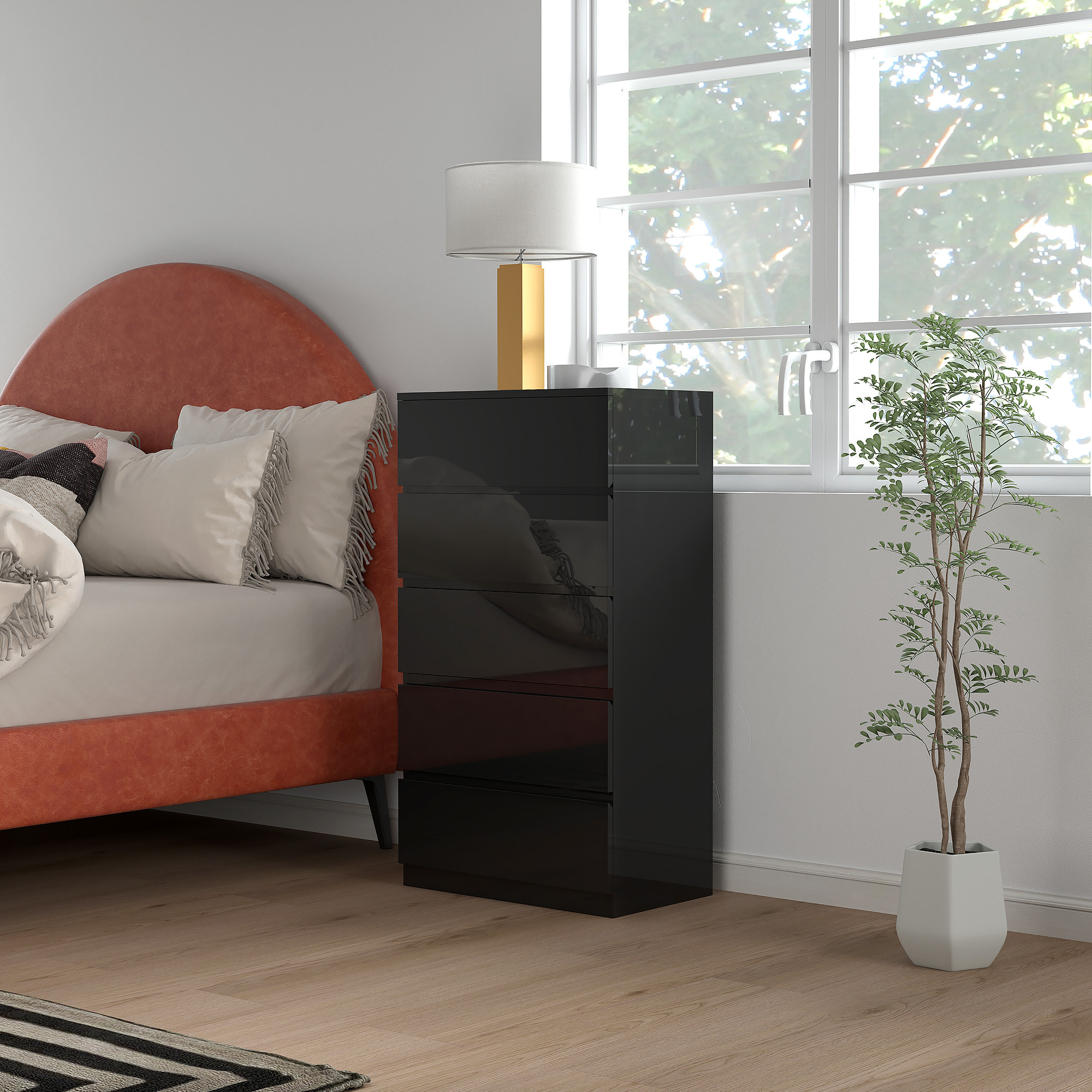 Cómoda con 5 Cajones Cómoda de Dormitorio Moderna con Diseño Anti-vuelco Cajonera para Salón Pasillo 55x34x100 cm Negro Brillo