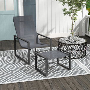 Ensemble fauteuil relax de jardin avec repose-pied métal noir tissu mesh gris