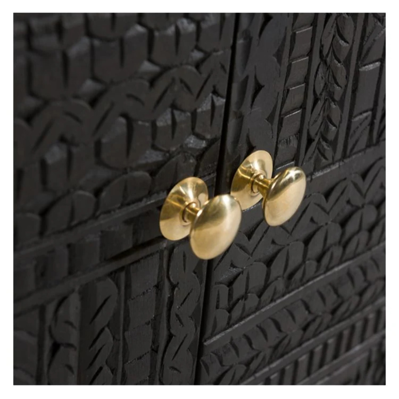 Commode 2 portes en bois gravé noir et métal doré - Chimane