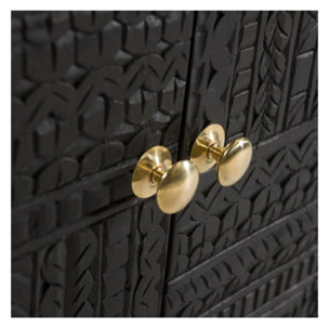 Commode 2 portes en bois gravé noir et métal doré - Chimane