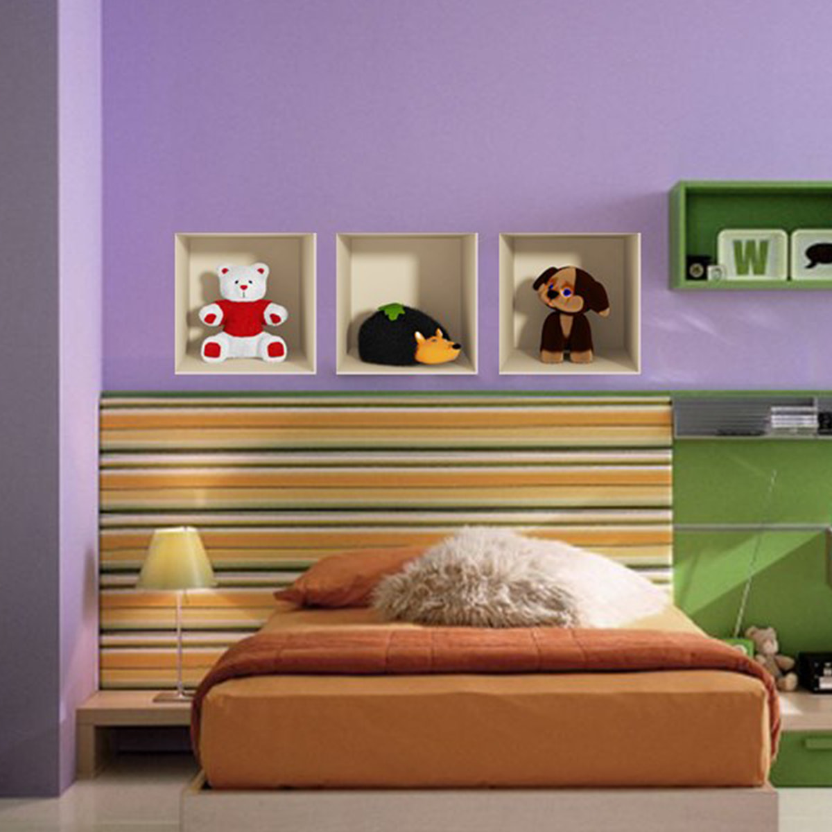 Stickers muraux 3D | Sticker Mural Autocollant effet 3D jouets Ourson, hérisson et chien - Stickers adhésifs 3D Chambre Salon Trompe l'oeil