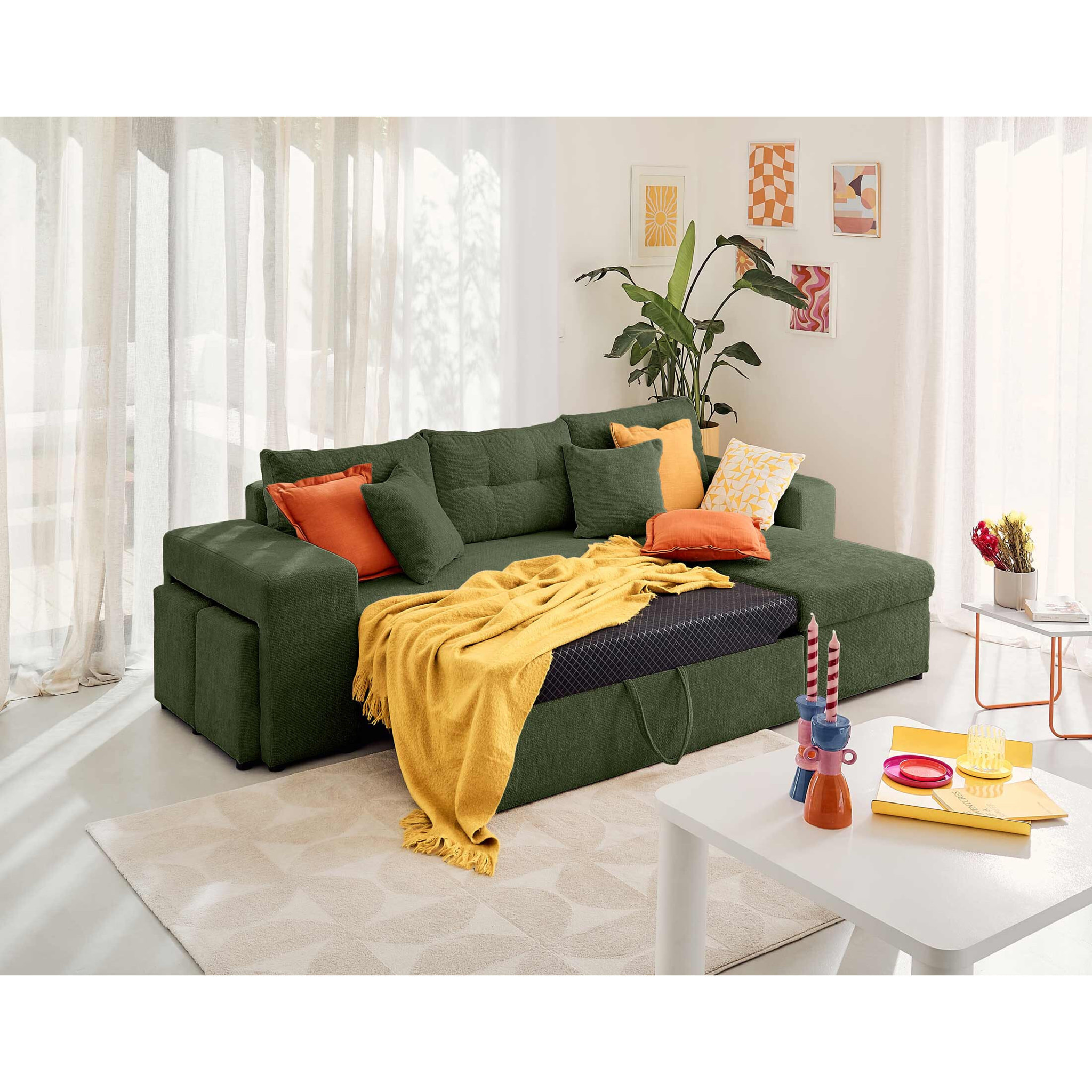 California - canapé d'angle réversible 4 places - convertible avec coffre, étagère et poufs - en velours texturé - Vert