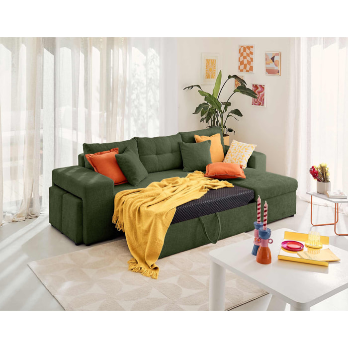California - canapé d'angle réversible 4 places - convertible avec coffre, étagère et poufs - en velours texturé - Vert